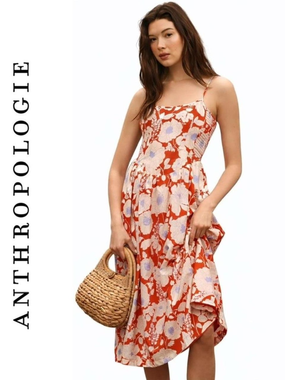 Maeve Rust Floral Spaghetti-Strap Midi Dress